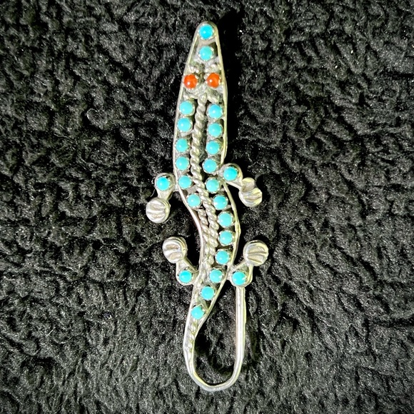 Turquoise and Silver Lizard with Coral Eyes Brooch with Pendant Loop - Picture 1 of 4